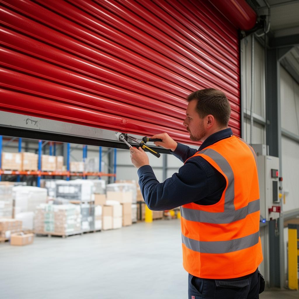Technicien Ferm'Ax en intervention SAV sur une porte rapide industrielle